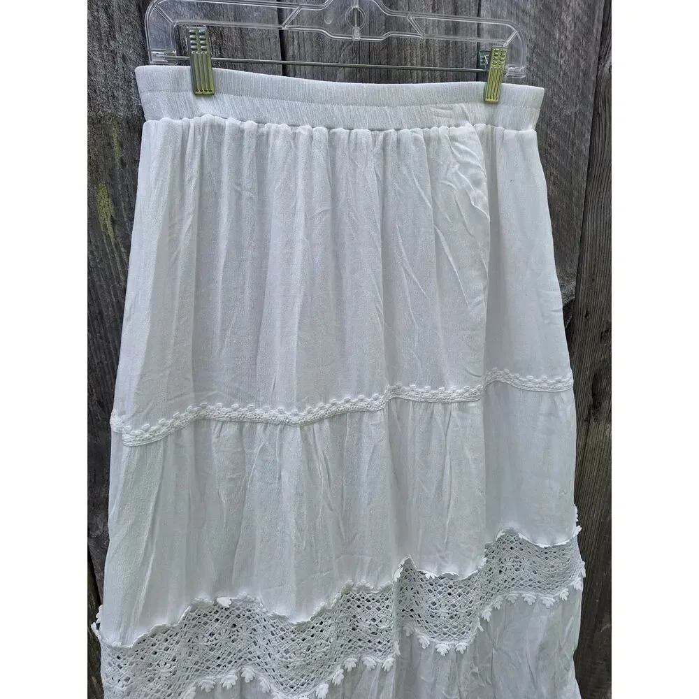 Zesica Boho tiered maxi skirt crochet w pockets long white beachy cottagecore